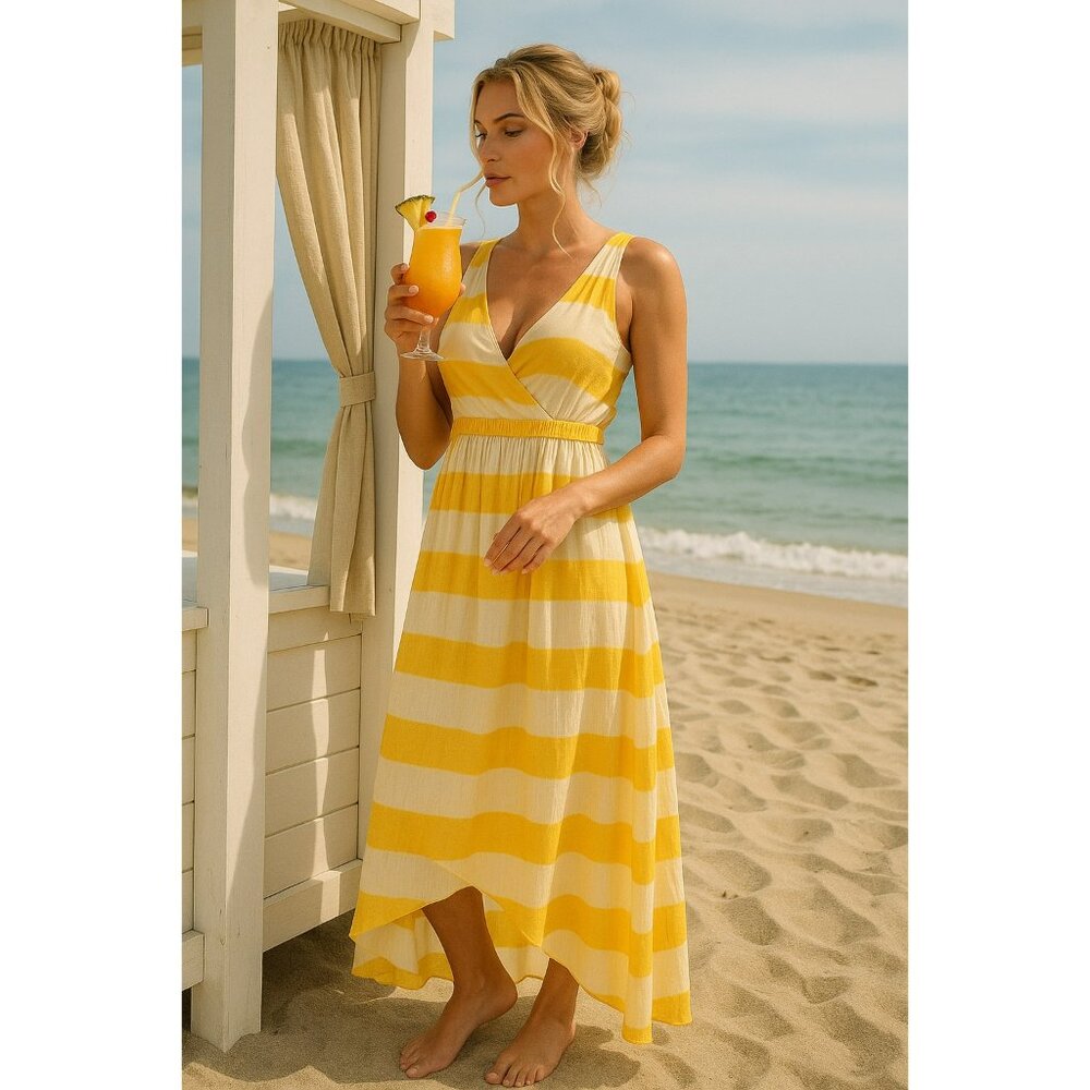Tommy Bahama Set Sail Dress Women Sz M Yellow Striped Maxi Summer Lagenlook